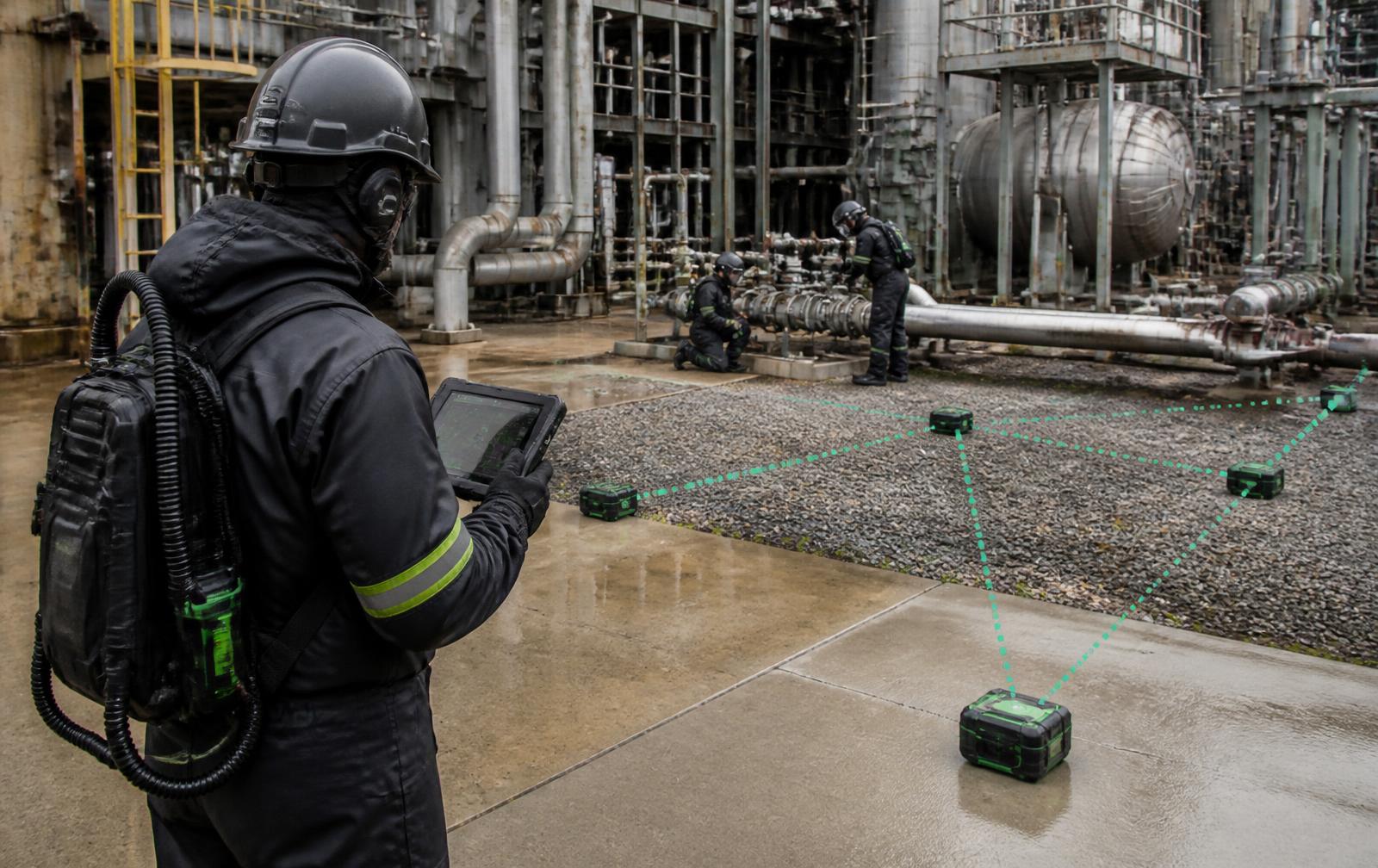 Industrial plant emergency response team deploying portable sensing equipment