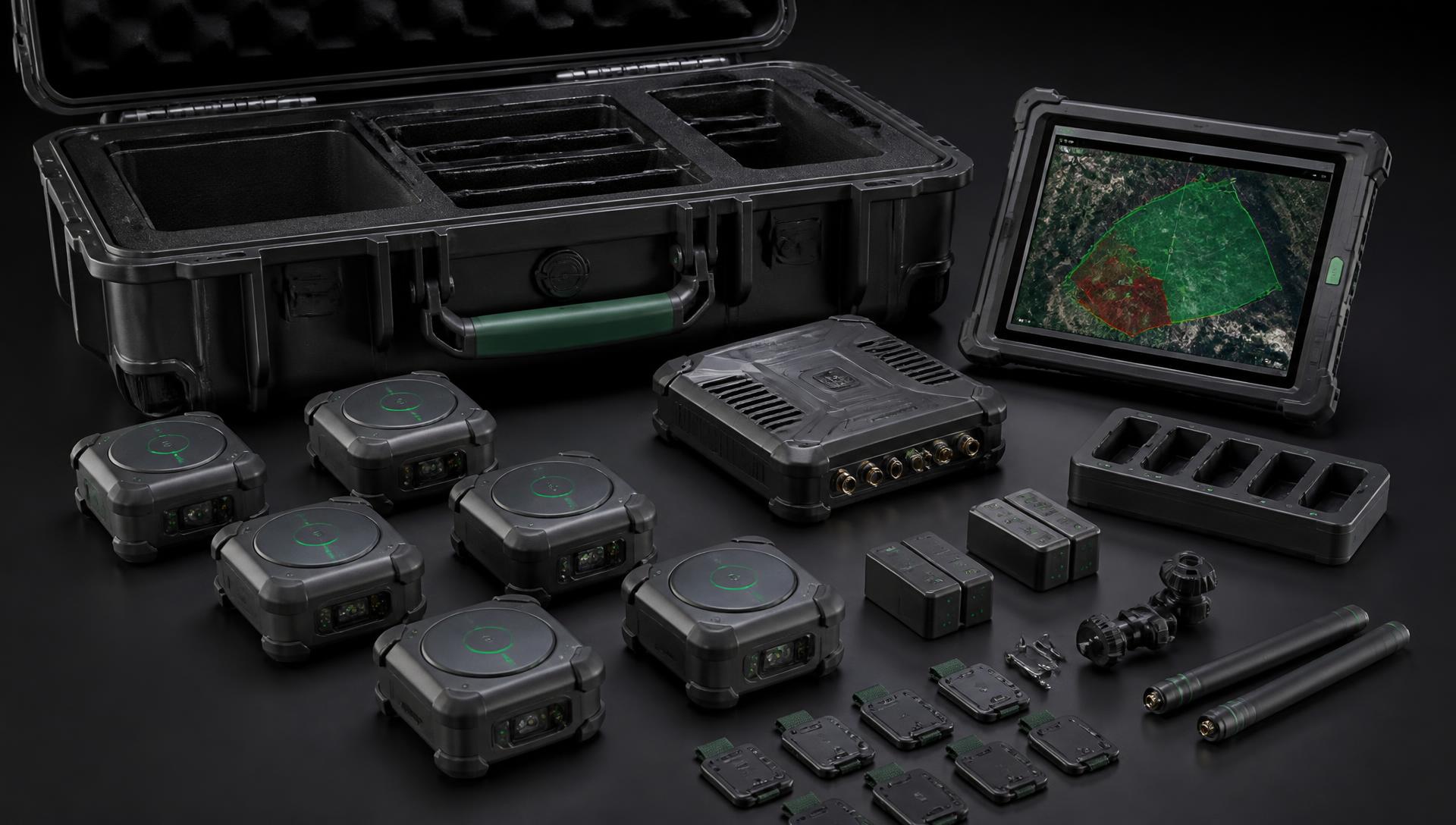 Rescue Pods, Rescue Hub, Responder Tags and rugged command tablet arranged together